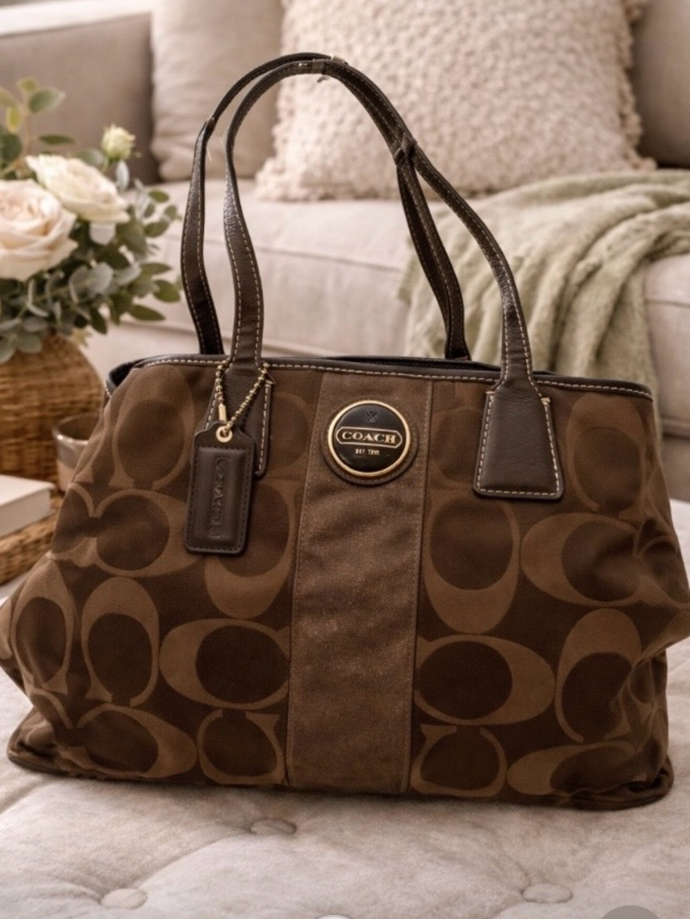 Coach Signature C Brown Jacquard Canvas Satchel Bag Purse Kiss Lock H1173